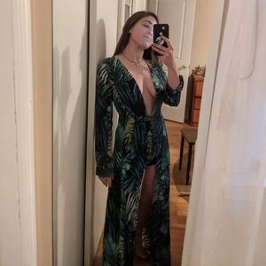 JLO Versace style plunge tropical maxi romper